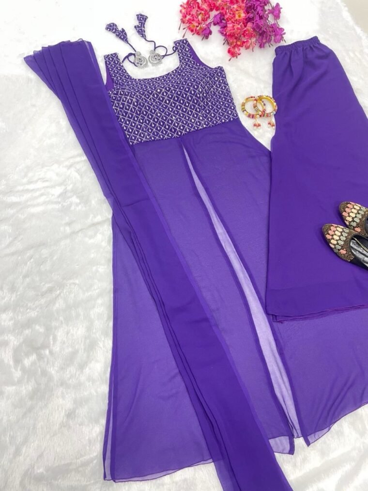 Purple Slit Cut Long Kurti and Plazzo Dupatta