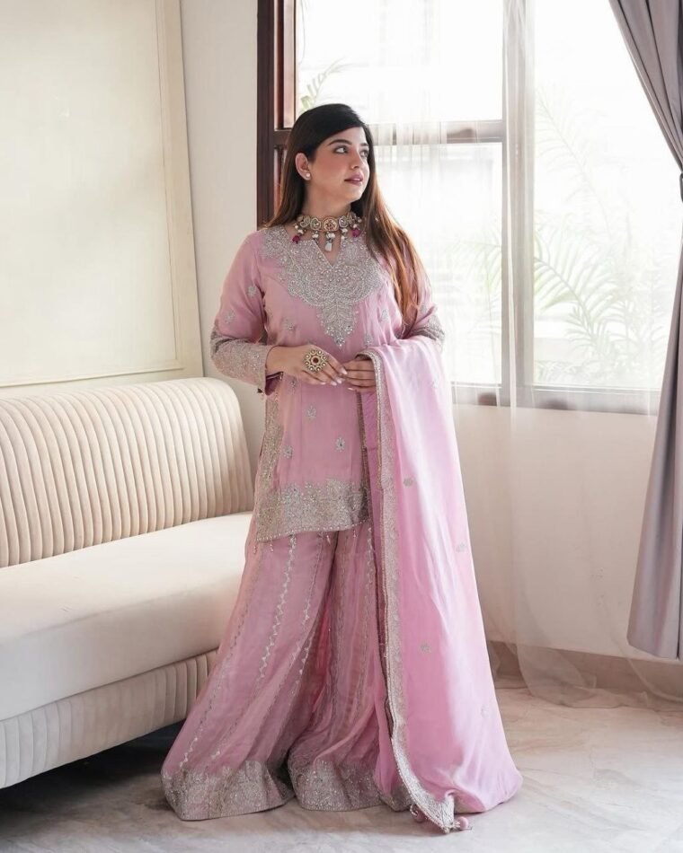 Baby Pink Heavy Embroidery Plazzo Suit