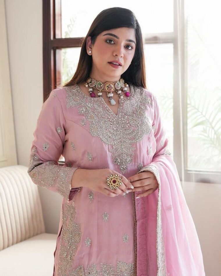 Baby Pink Heavy Embroidery Plazzo Suit