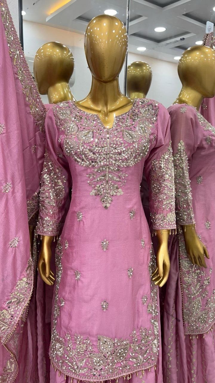 Baby Pink Heavy Embroidery Plazzo Suit