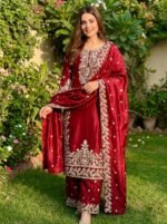 Red GMY Silk Embroidery Top Plazzo Dupatta