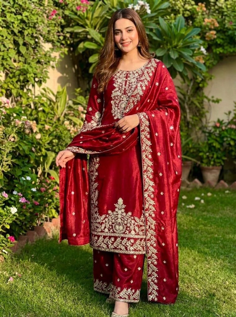 Red GMY Silk Embroidery Top Plazzo Dupatta