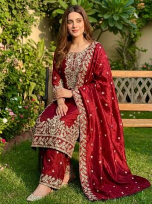 Red GMY Silk Embroidery Top Plazzo Dupatta