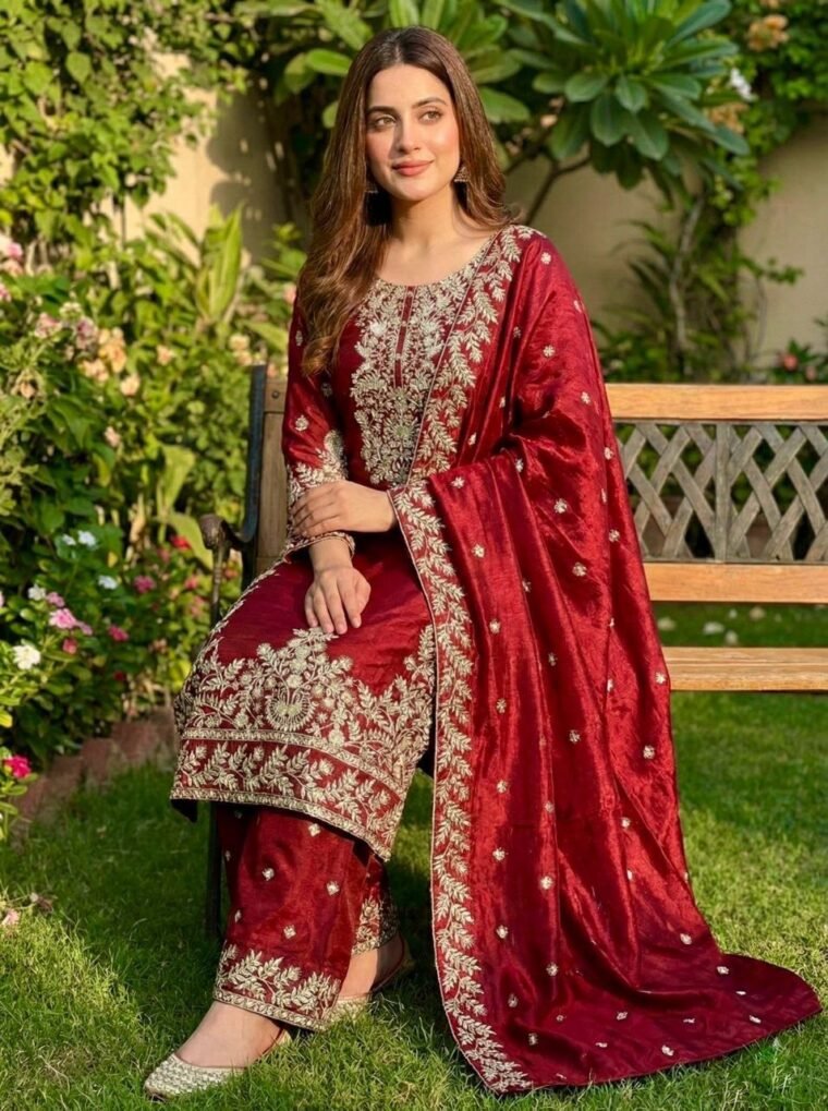 Red GMY Silk Embroidery Top Plazzo Dupatta