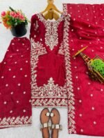 Red GMY Silk Embroidery Top Plazzo Dupatta