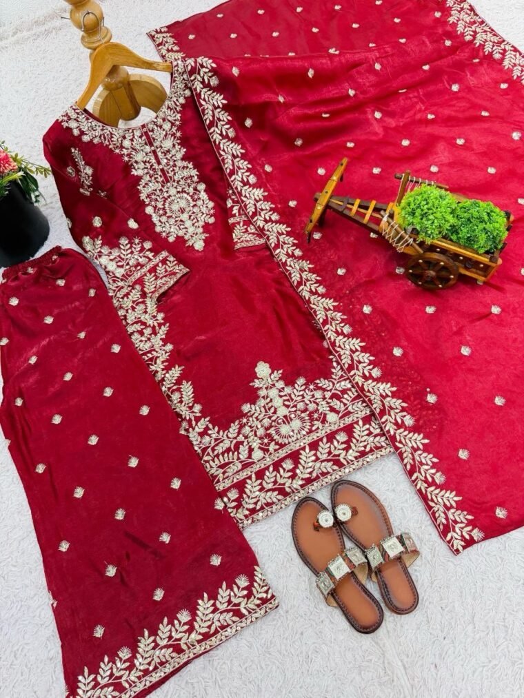 Red GMY Silk Embroidery Top Plazzo Dupatta