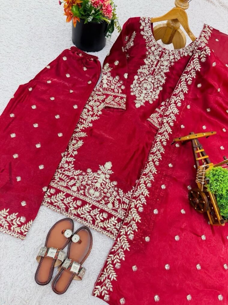 Red GMY Silk Embroidery Top Plazzo Dupatta