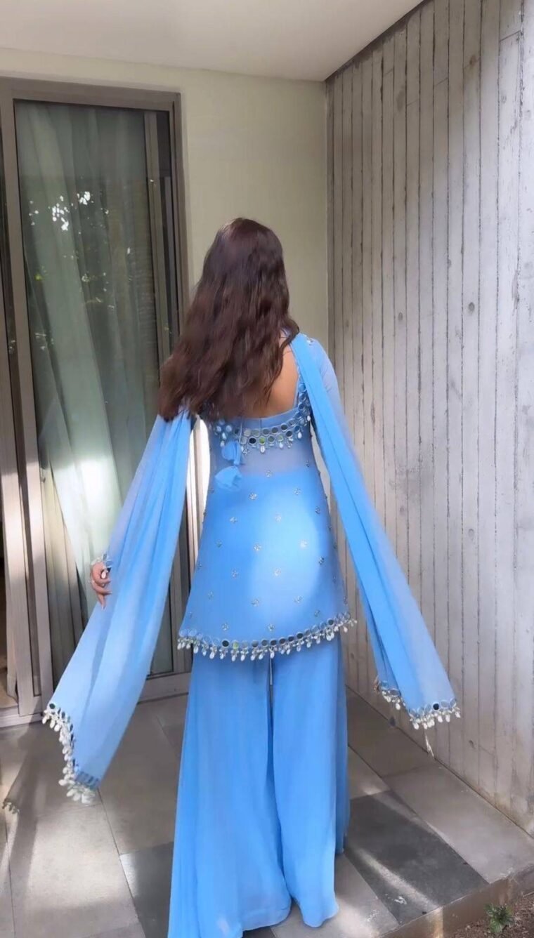 Blue real mirror work Plazzo Suit