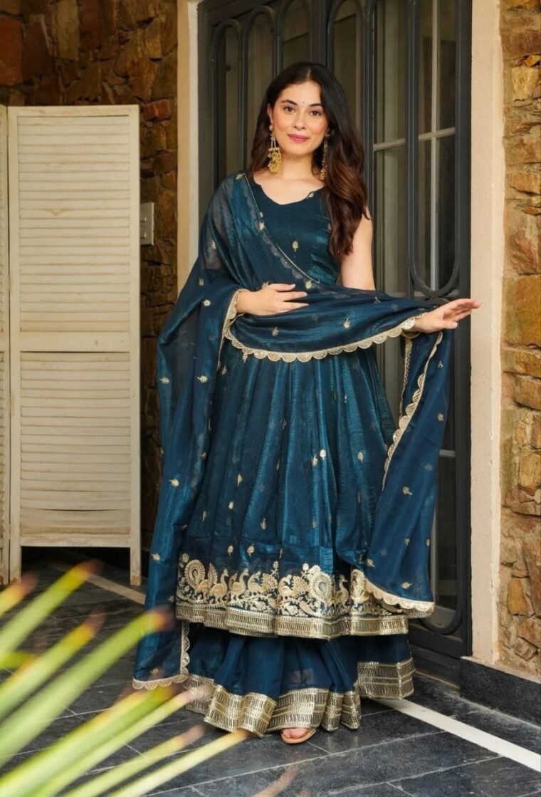 Blue Crunchy Silk Anarkali