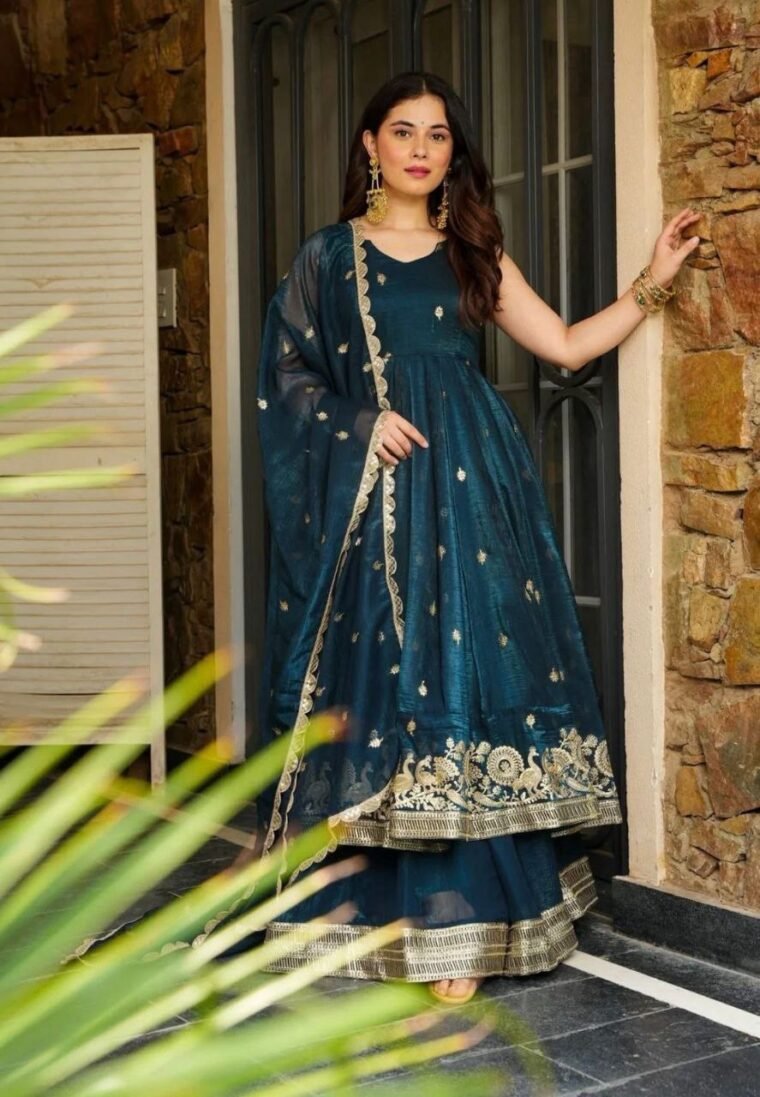 Blue Crunchy Silk Anarkali