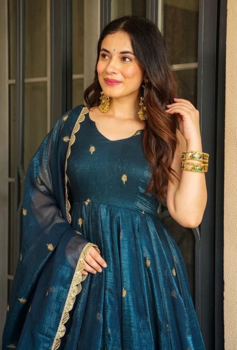 Blue Crunchy Silk Anarkali
