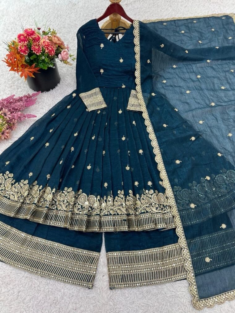 Blue Crunchy Silk Anarkali