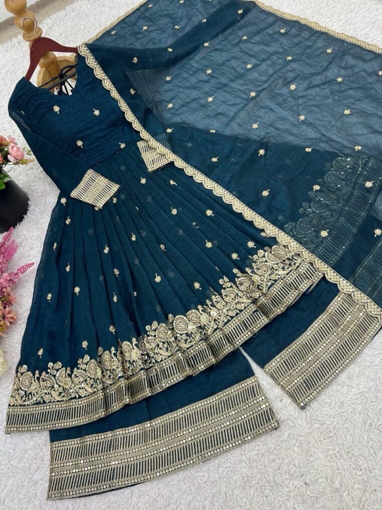 Blue Crunchy Silk Anarkali