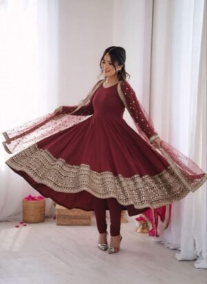Maroon Flair Embroidery Anarkali