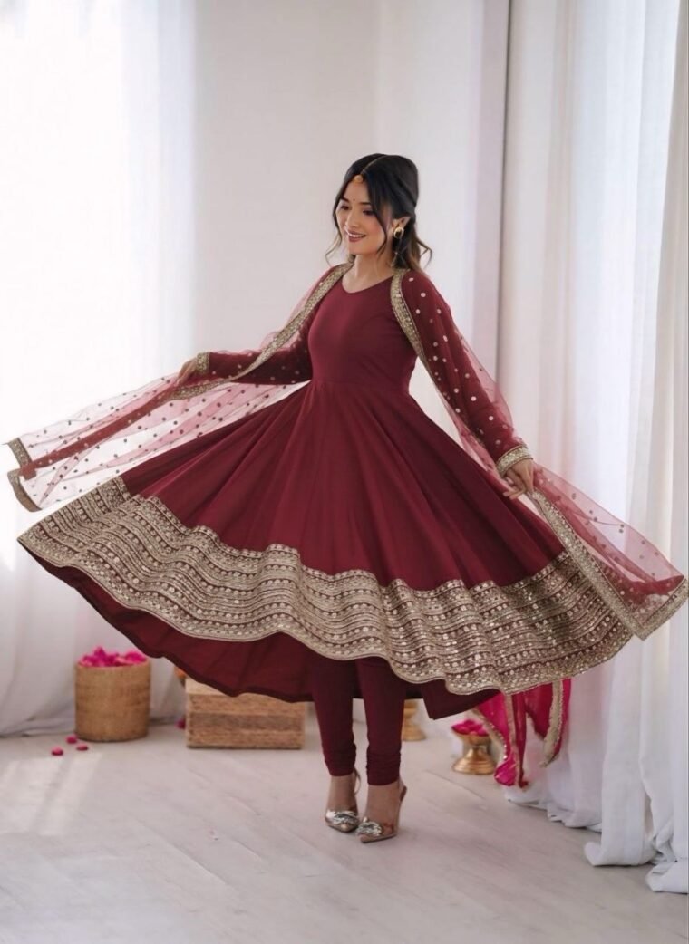 Maroon Flair Embroidery Anarkali