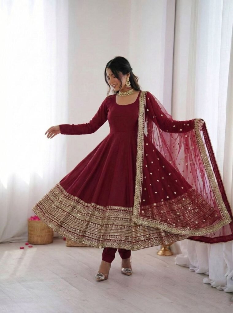 Maroon Flair Embroidery Anarkali