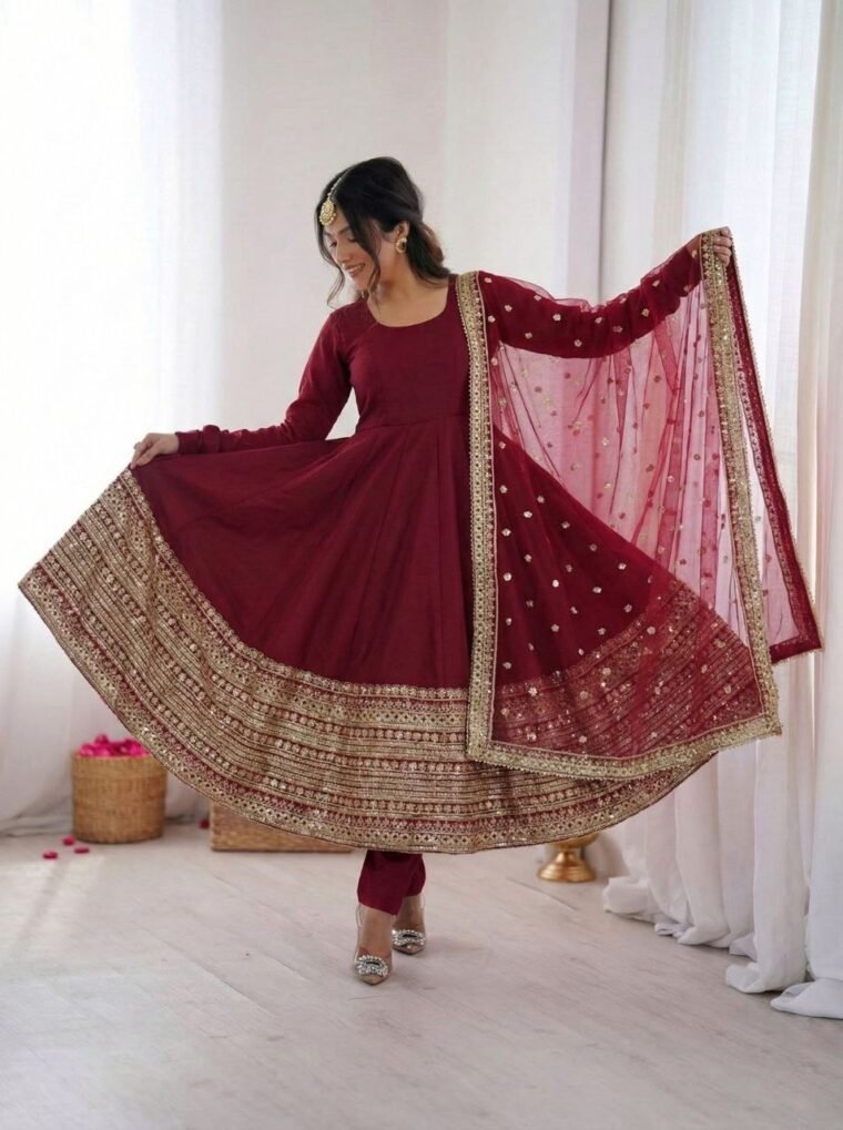 Maroon Flair Embroidery Anarkali