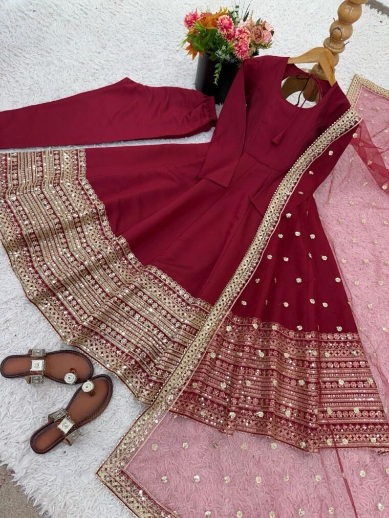 Maroon Flair Embroidery Anarkali
