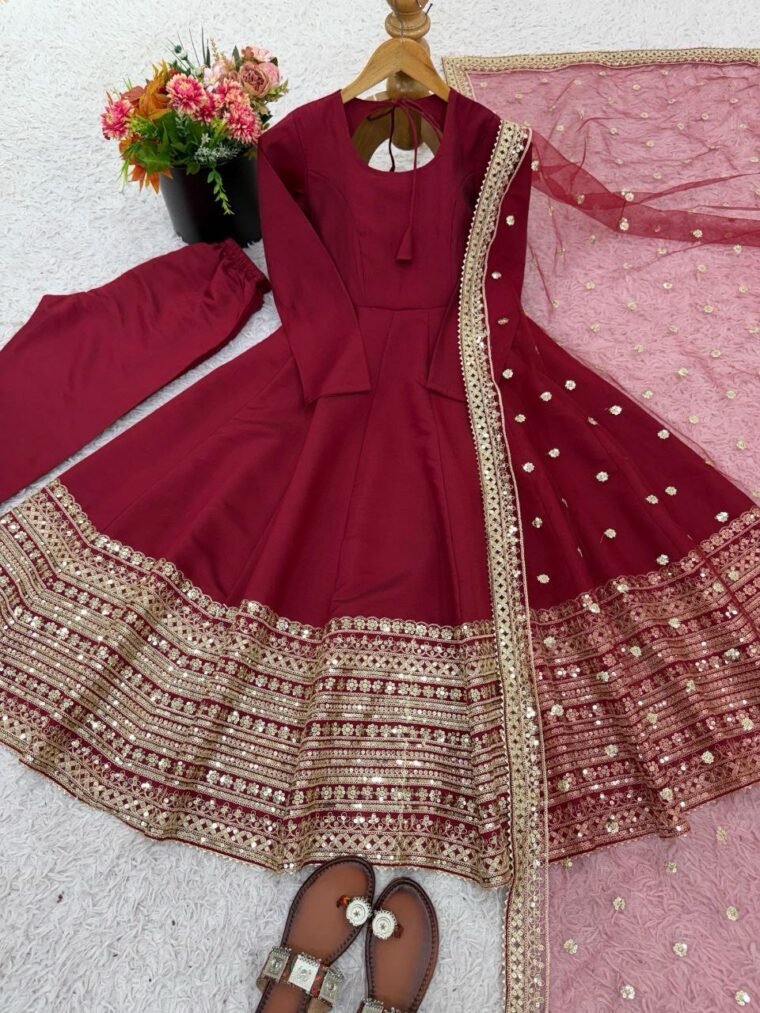 Maroon Flair Embroidery Anarkali