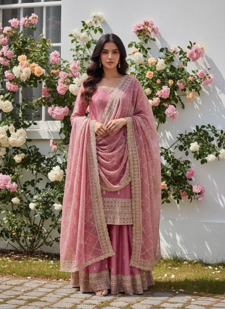 Pure Gmy Silk Embroidery Sharara Suit