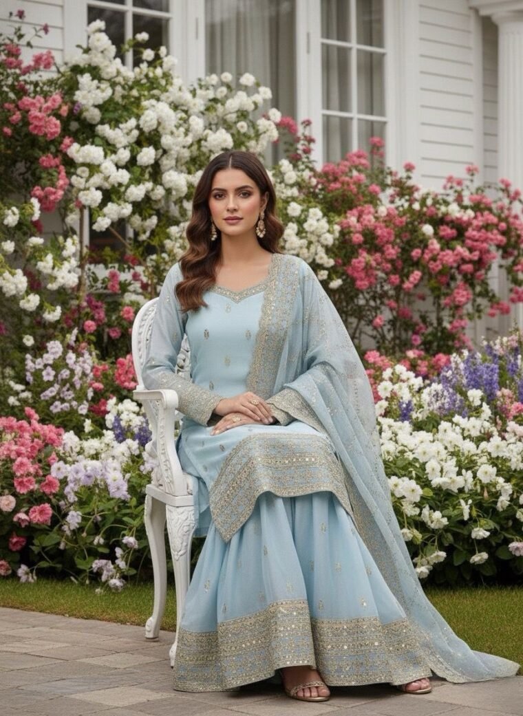 Pure Gmy Silk Embroidery Sharara Suit