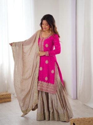 Pink Chinon Silk Sequence Pearl work Sharara Suit