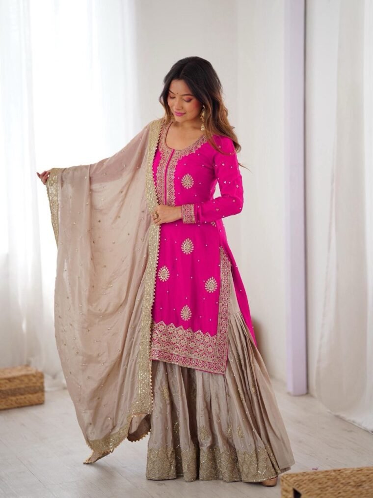 Pink Chinon Silk Sequence Pearl work Sharara Suit