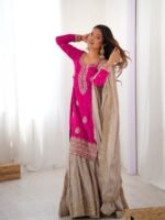 Pink Chinon Silk Sequence Pearl work Sharara Suit