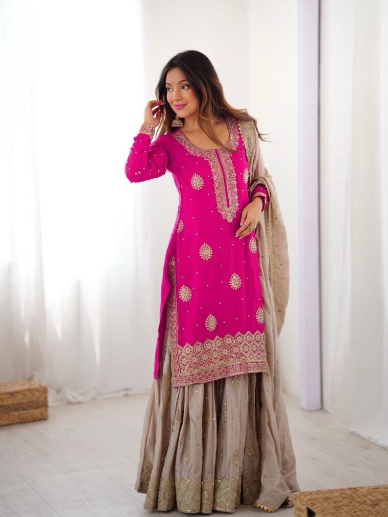Pink Chinon Silk Sequence Pearl work Sharara Suit