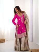 Pink Chinon Silk Sequence Pearl work Sharara Suit