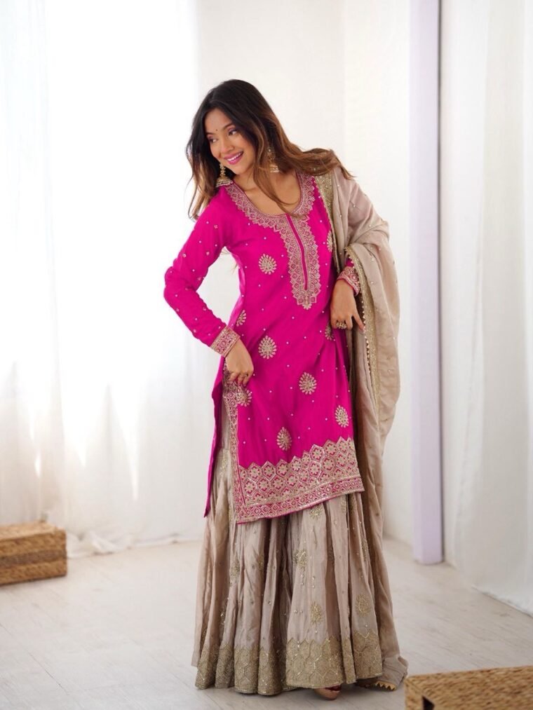Pink Chinon Silk Sequence Pearl work Sharara Suit