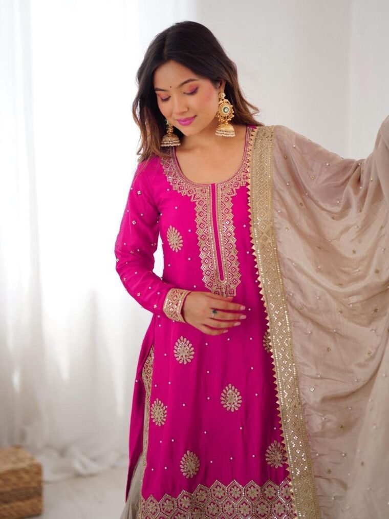 Pink Chinon Silk Sequence Pearl work Sharara Suit