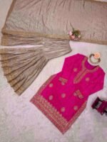 Pink Chinon Silk Sequence Pearl work Sharara Suit