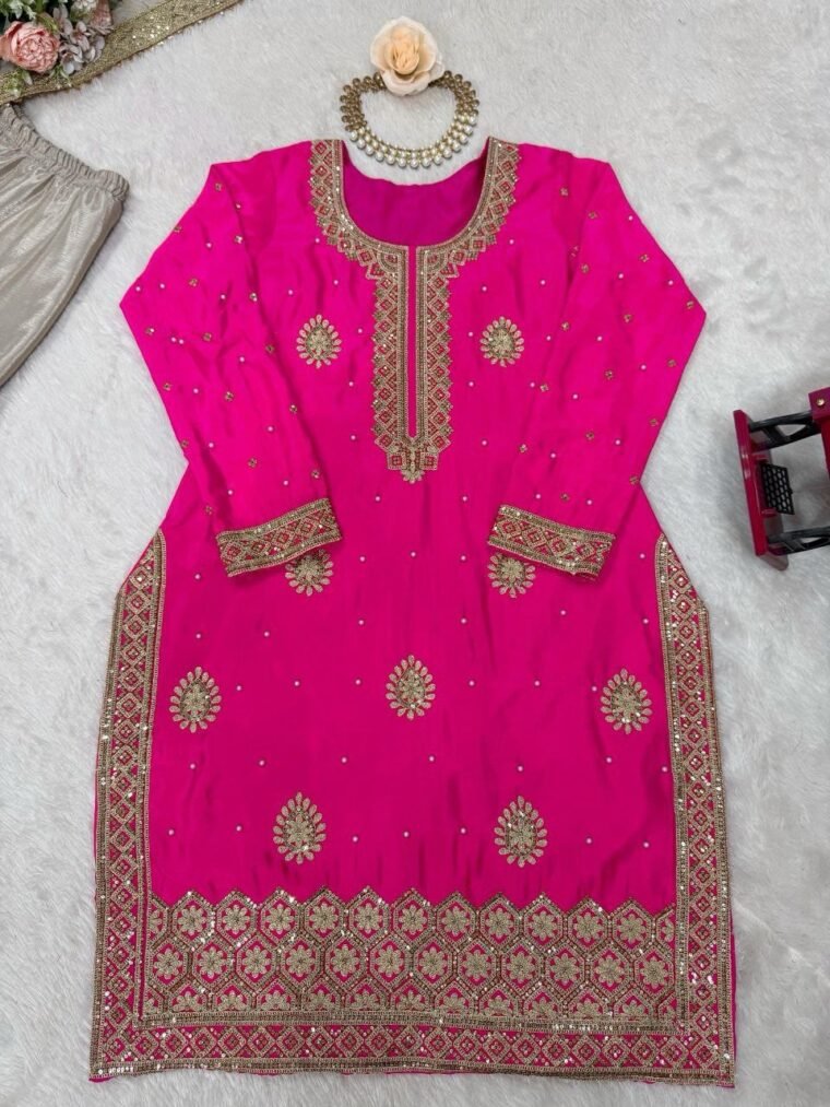 Pink Chinon Silk Sequence Pearl work Sharara Suit