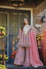 Peach mirror work Top Plazzo Dupatta