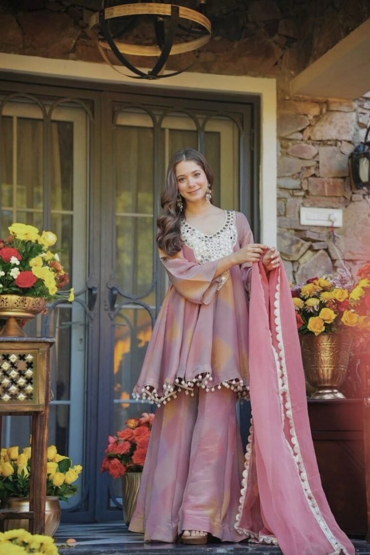 Peach mirror work Top Plazzo Dupatta