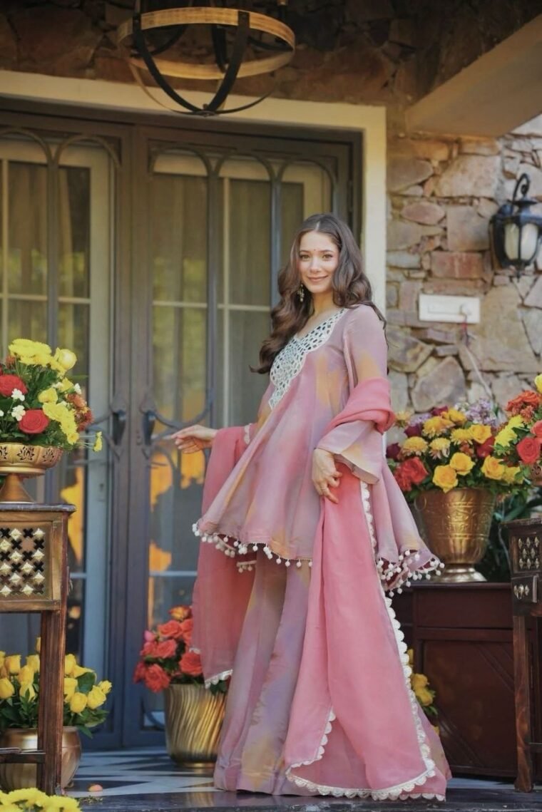 Peach mirror work Top Plazzo Dupatta