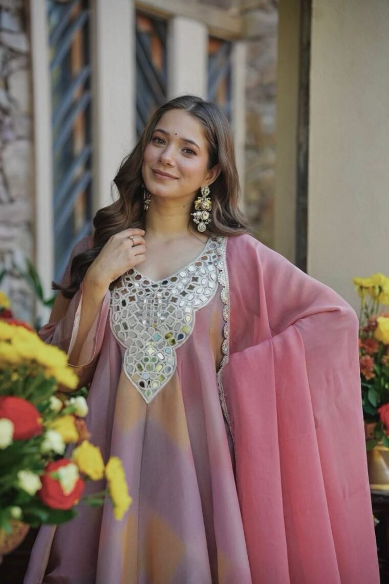 Peach mirror work Top Plazzo Dupatta
