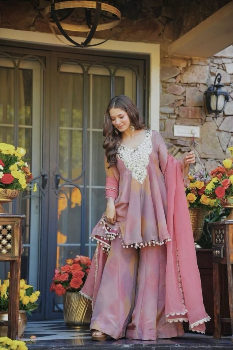 Peach mirror work Top Plazzo Dupatta
