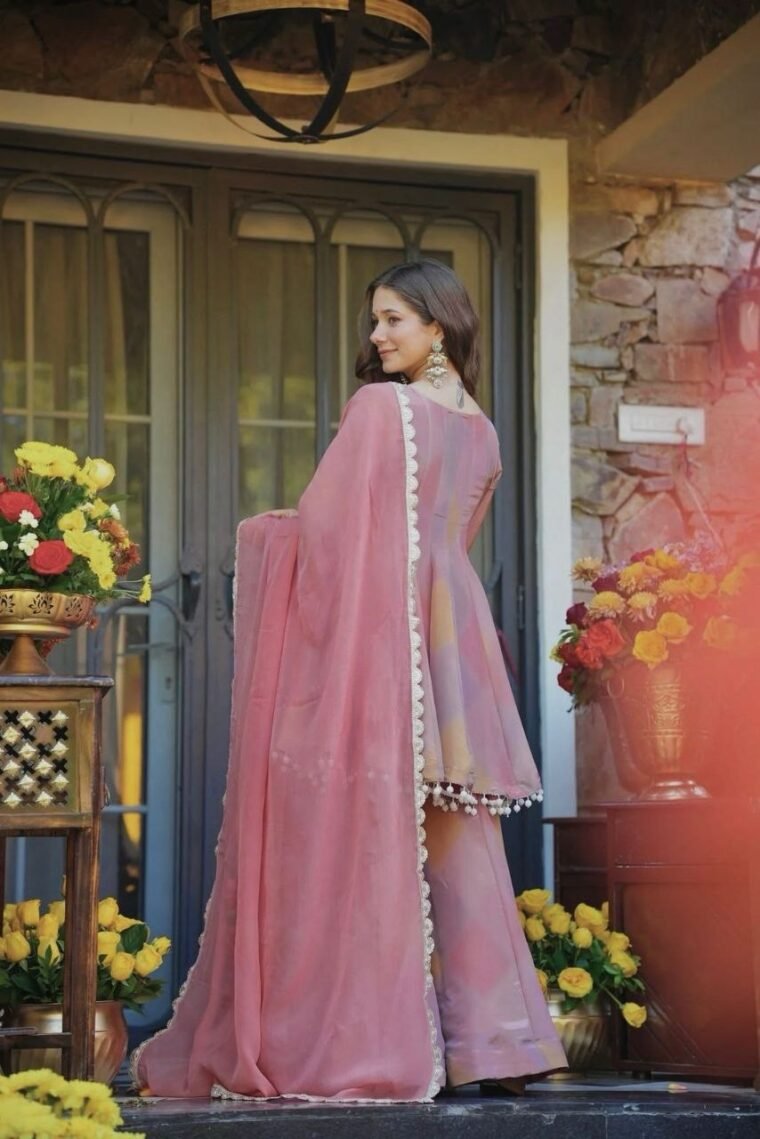 Peach mirror work Top Plazzo Dupatta