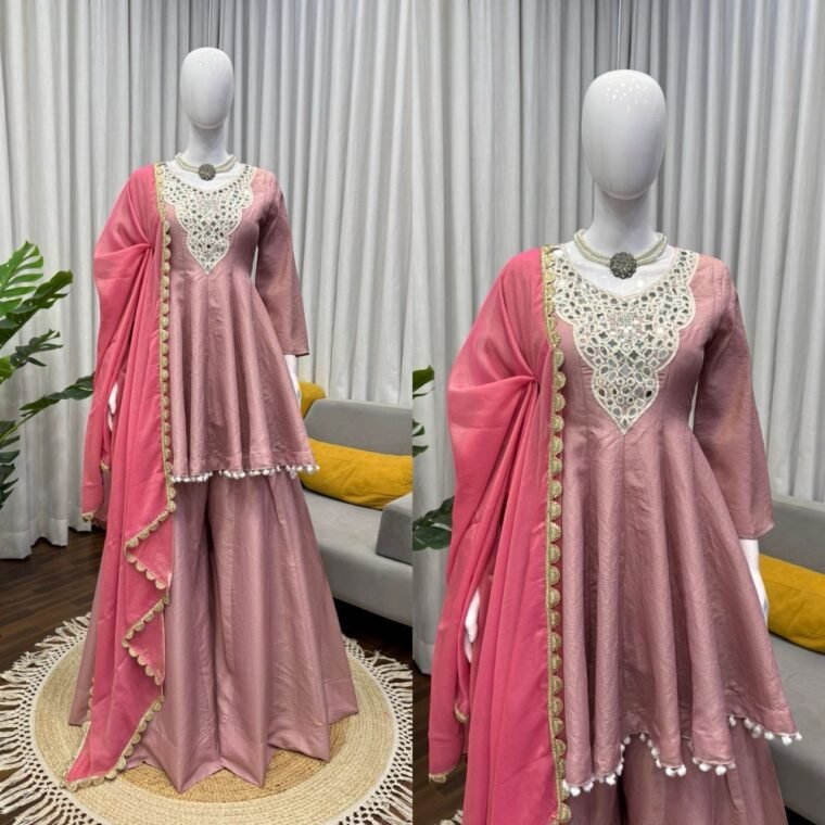 Peach mirror work Top Plazzo Dupatta