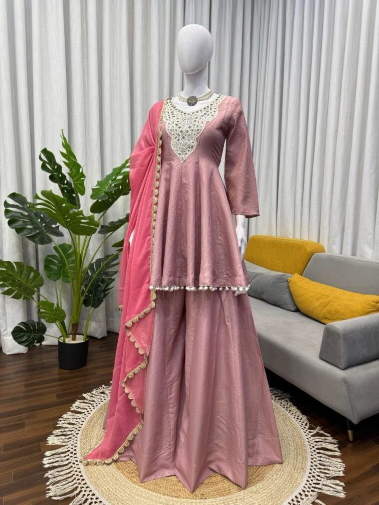 Peach mirror work Top Plazzo Dupatta