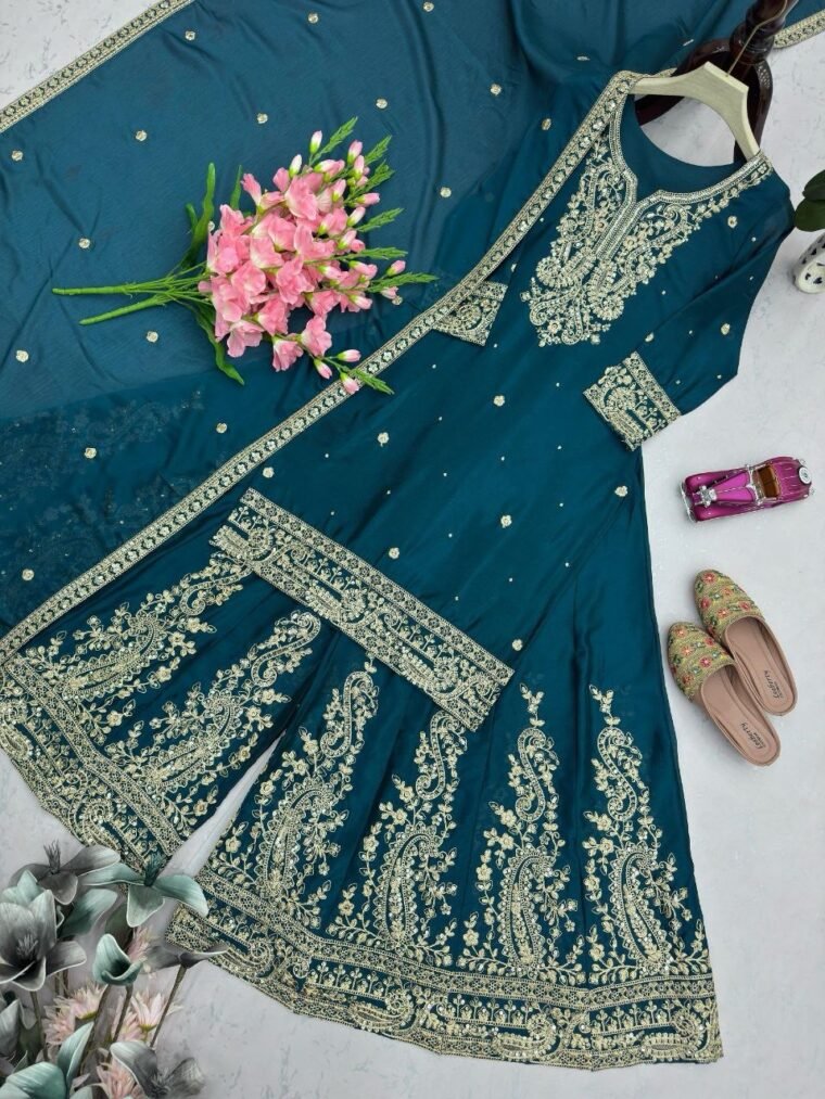 Green Heavy Chinon Silk Top Plazzo Dupatta