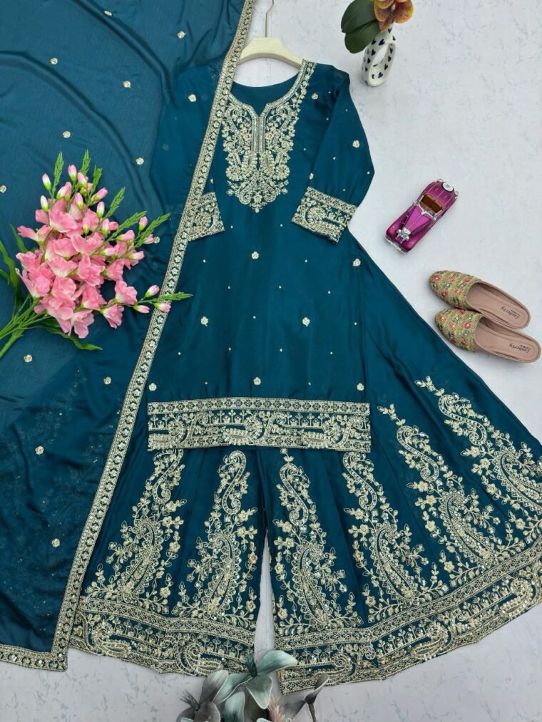 Green Heavy Chinon Silk Top Plazzo Dupatta