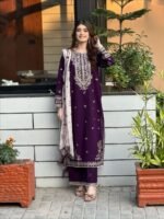 Purple Eid Launch Georgette Embroidery Top Pants Dupatta