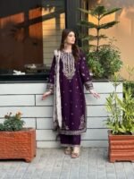 Purple Eid Launch Georgette Embroidery Top Pants Dupatta