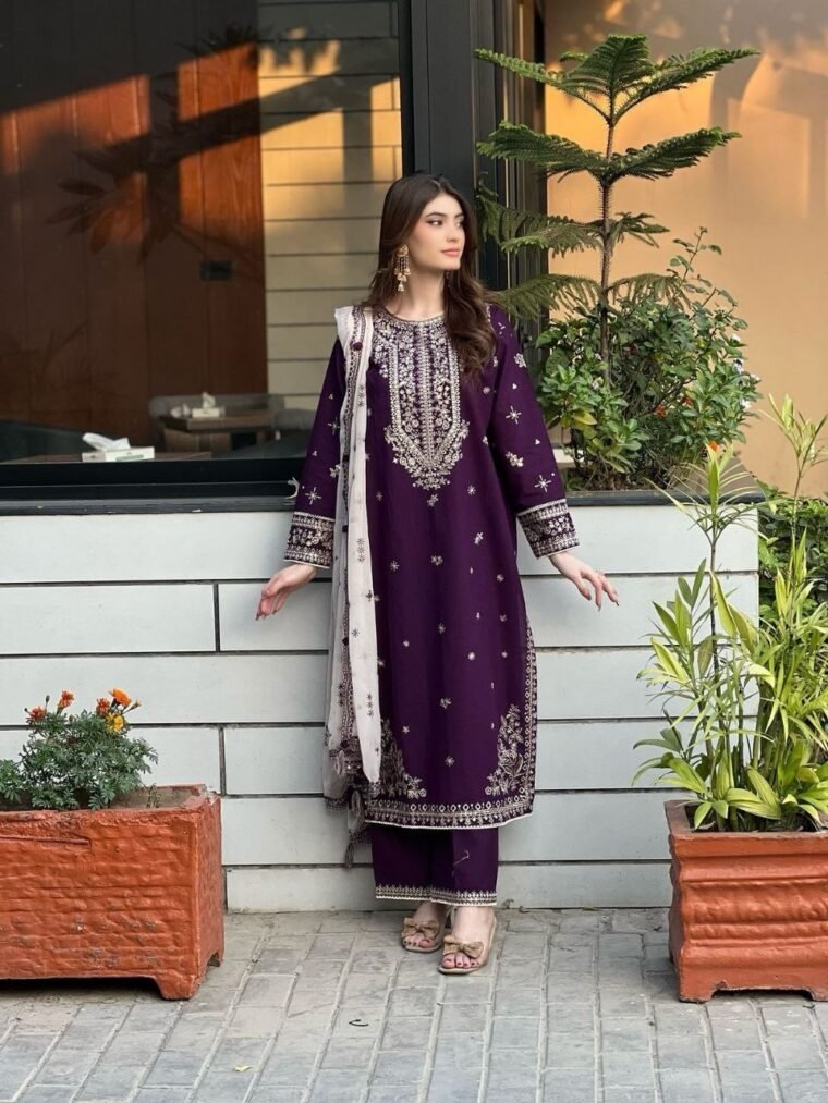 Purple Eid Launch Georgette Embroidery Top Pants Dupatta