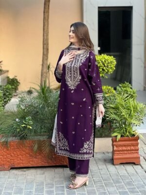 Purple Eid Launch Georgette Embroidery Top Pants Dupatta
