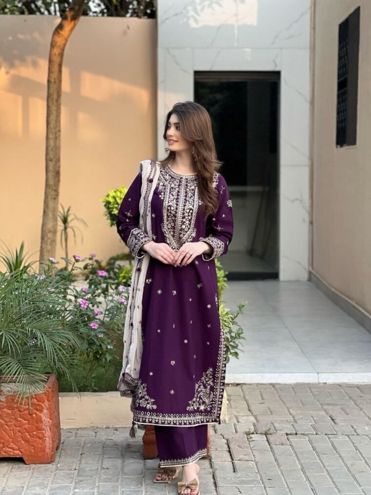 Purple Eid Launch Georgette Embroidery Top Pants Dupatta