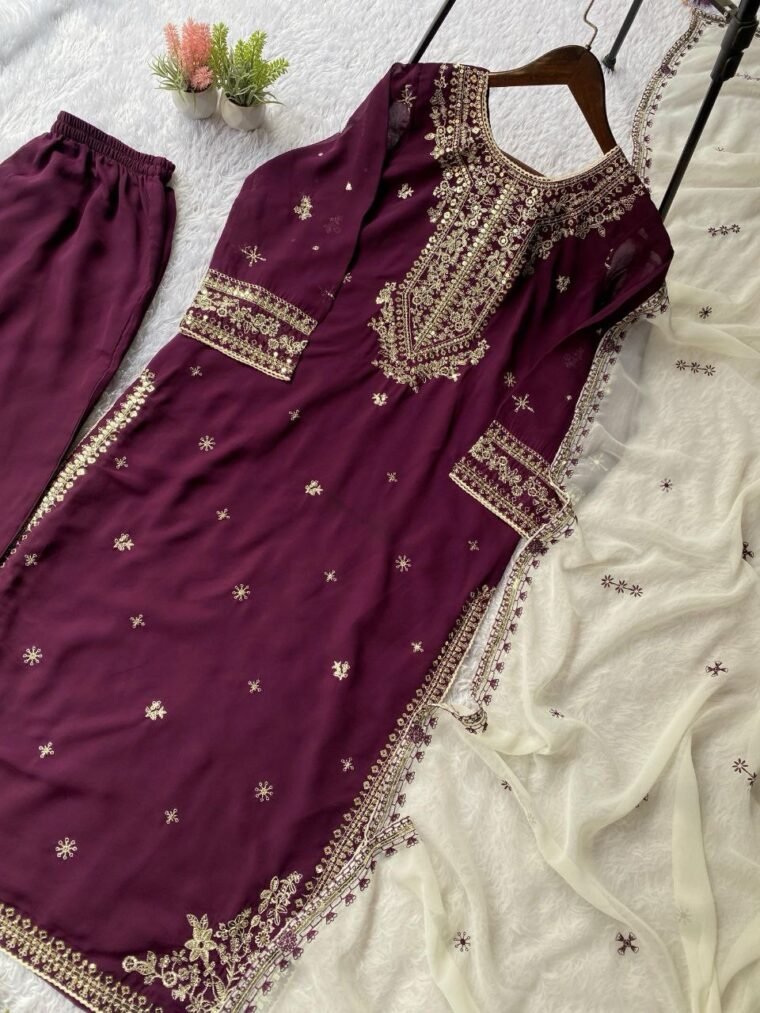 Purple Eid Launch Georgette Embroidery Top Pants Dupatta